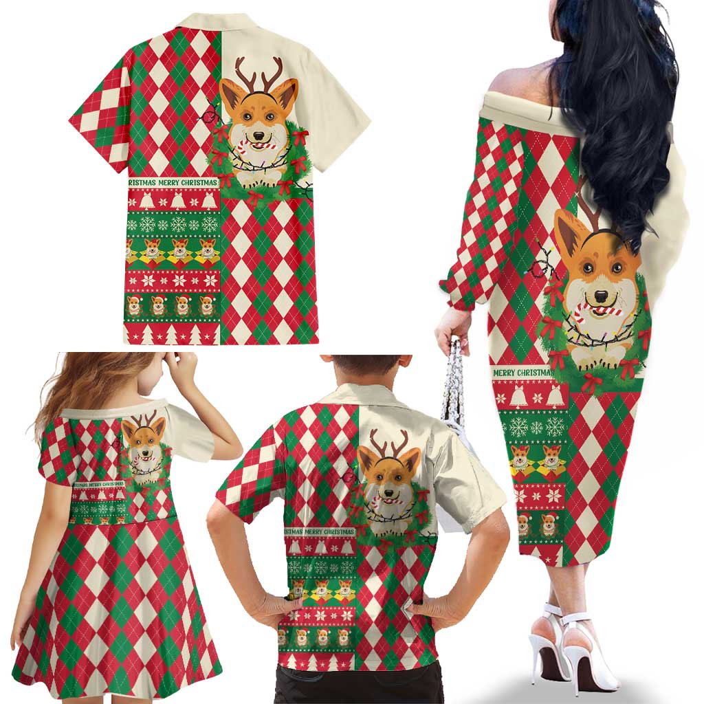 Wales Corgi Christmas Family Matching Off The Shoulder Long Sleeve Dress and Hawaiian Shirt Seamless Cute Dog Argyle Pattern - Wonder Print Shop