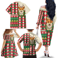 Wales Corgi Christmas Family Matching Off The Shoulder Long Sleeve Dress and Hawaiian Shirt Seamless Cute Dog Argyle Pattern - Wonder Print Shop