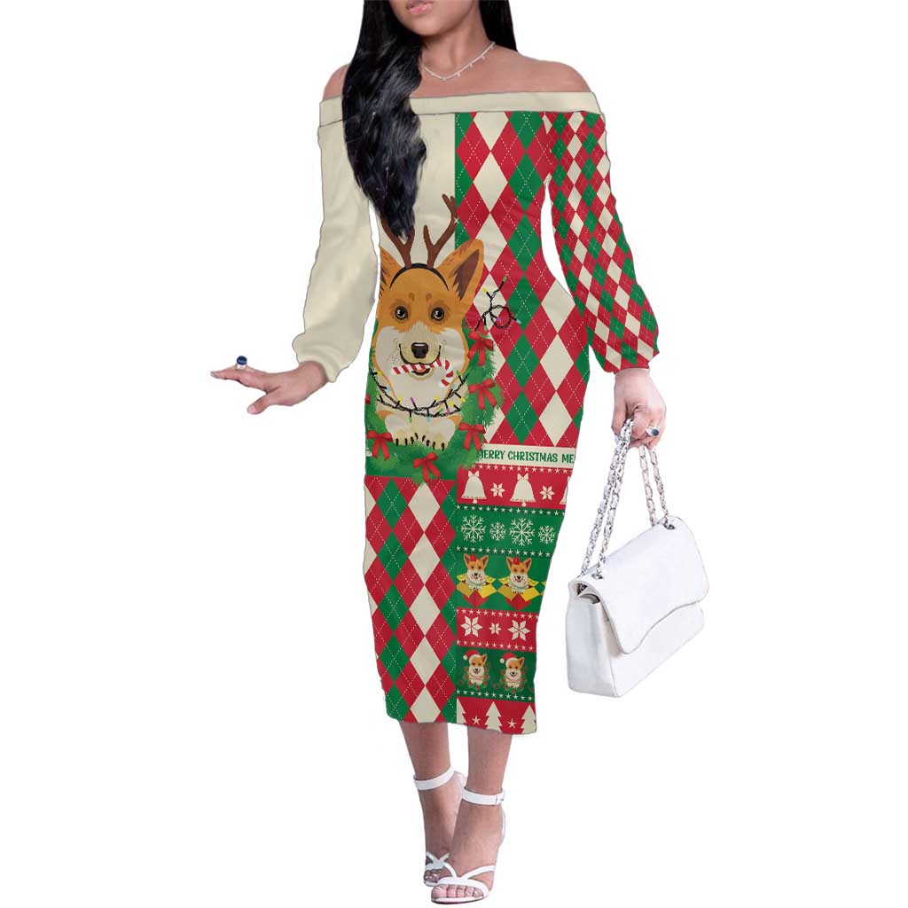 Wales Corgi Christmas Family Matching Off The Shoulder Long Sleeve Dress and Hawaiian Shirt Seamless Cute Dog Argyle Pattern - Wonder Print Shop