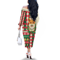 Wales Corgi Christmas Family Matching Off The Shoulder Long Sleeve Dress and Hawaiian Shirt Seamless Cute Dog Argyle Pattern - Wonder Print Shop