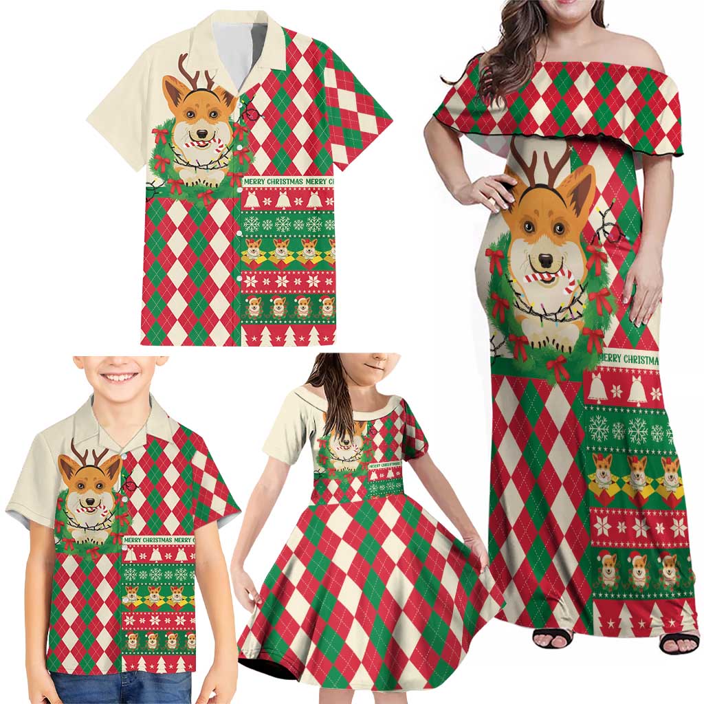 Wales Corgi Christmas Family Matching Off Shoulder Maxi Dress and Hawaiian Shirt Seamless Cute Dog Argyle Pattern - Wonder Print Shop