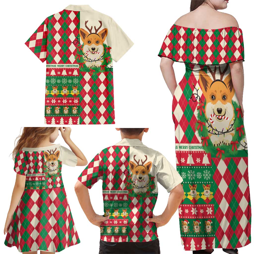 Wales Corgi Christmas Family Matching Off Shoulder Maxi Dress and Hawaiian Shirt Seamless Cute Dog Argyle Pattern - Wonder Print Shop