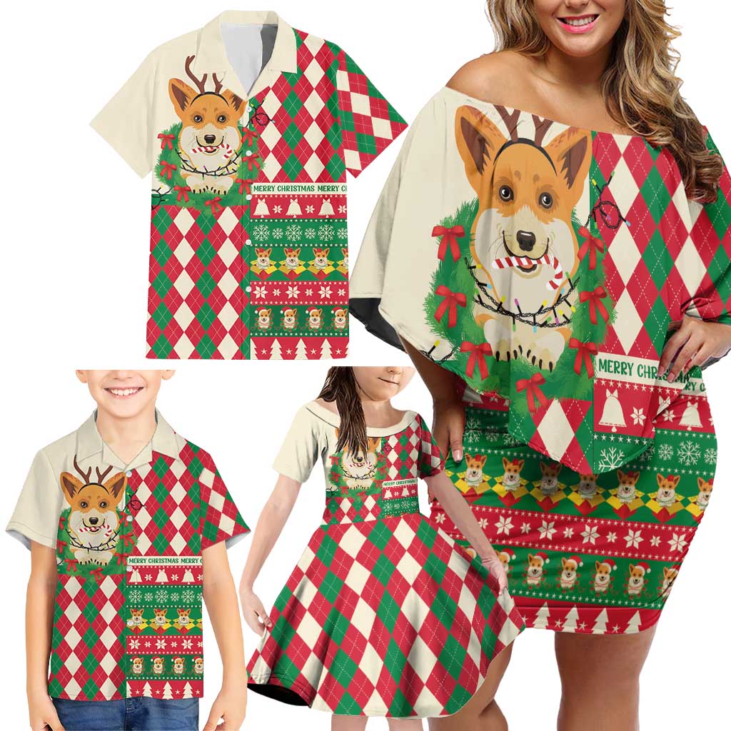 Wales Corgi Christmas Family Matching Off Shoulder Short Dress and Hawaiian Shirt Seamless Cute Dog Argyle Pattern - Wonder Print Shop