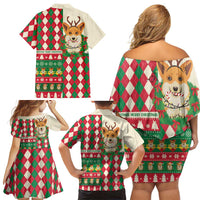 Wales Corgi Christmas Family Matching Off Shoulder Short Dress and Hawaiian Shirt Seamless Cute Dog Argyle Pattern - Wonder Print Shop