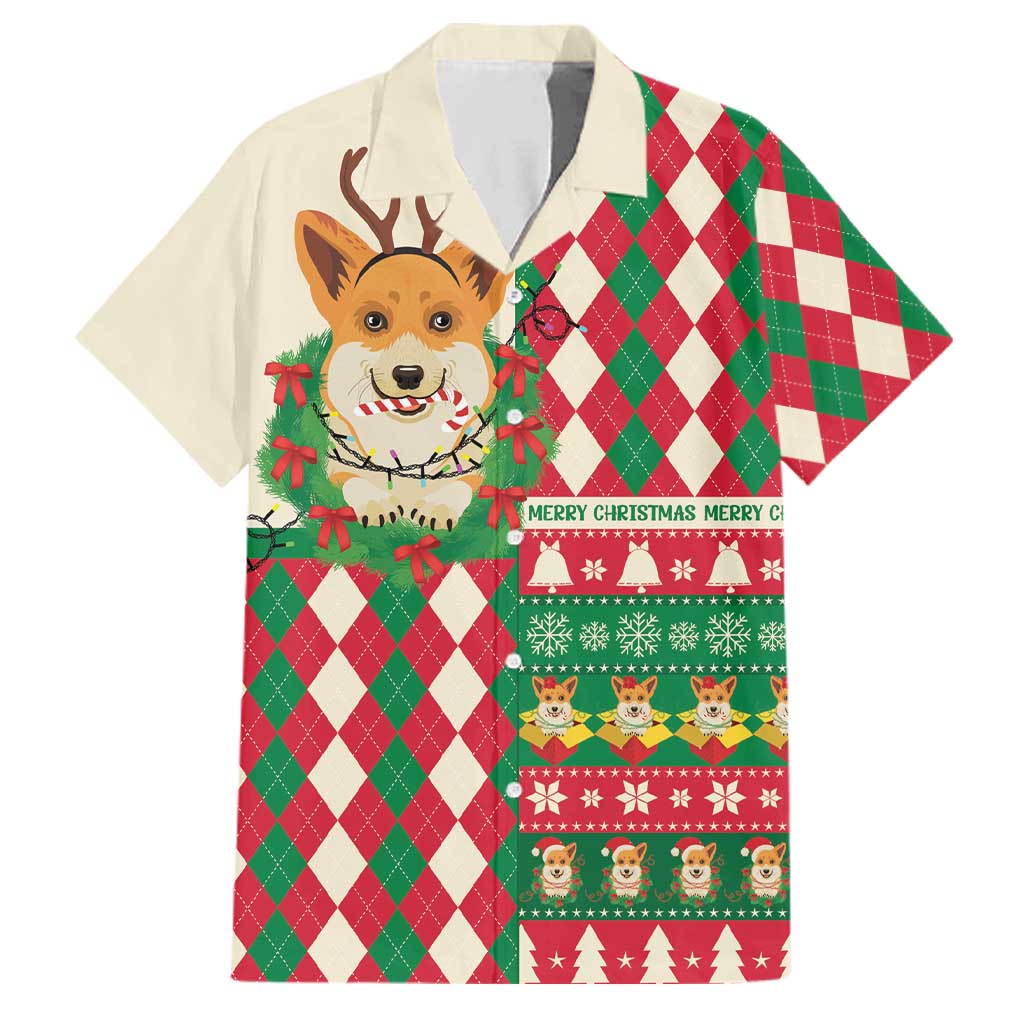 Wales Corgi Christmas Family Matching Off Shoulder Short Dress and Hawaiian Shirt Seamless Cute Dog Argyle Pattern - Wonder Print Shop