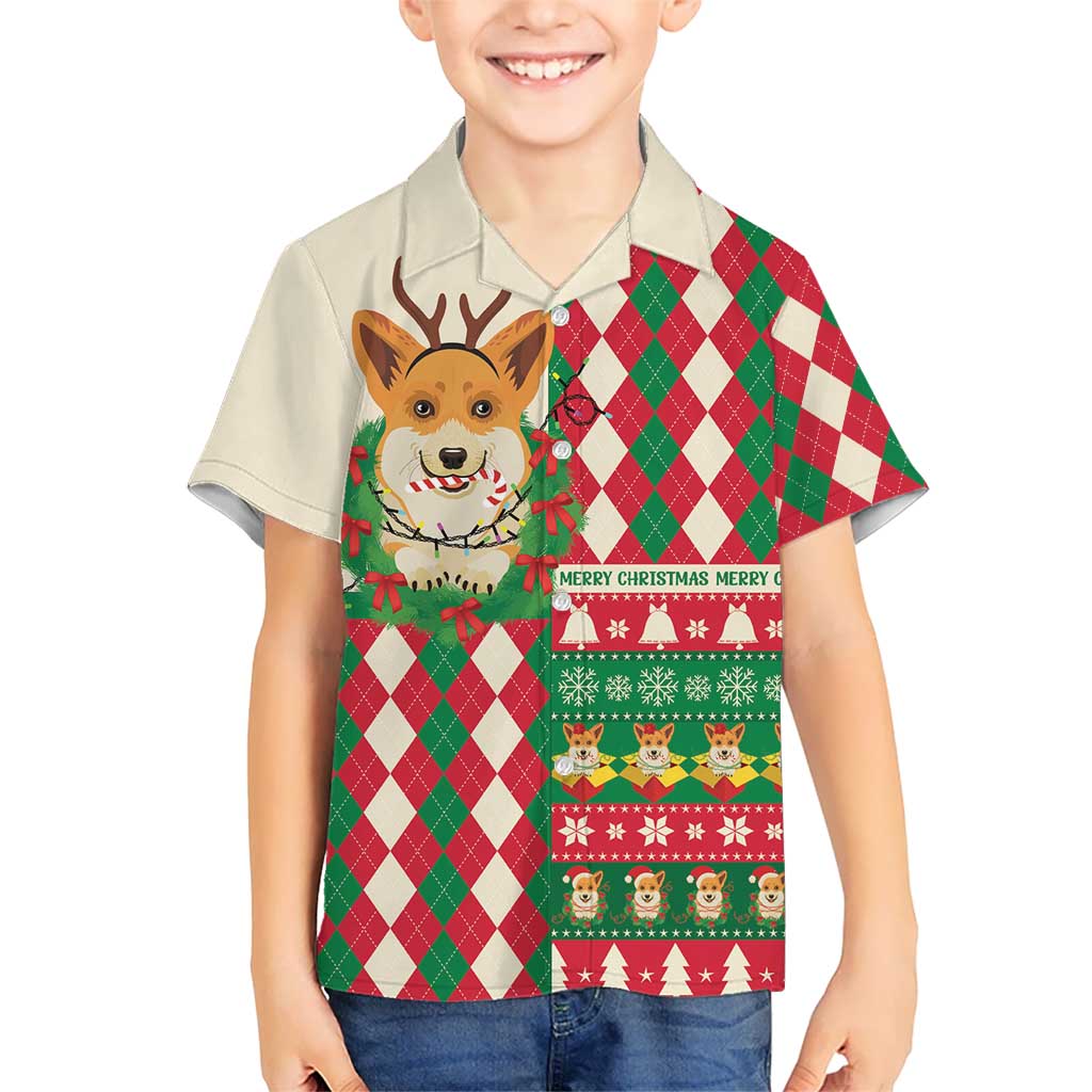 Wales Corgi Christmas Family Matching Off Shoulder Short Dress and Hawaiian Shirt Seamless Cute Dog Argyle Pattern - Wonder Print Shop