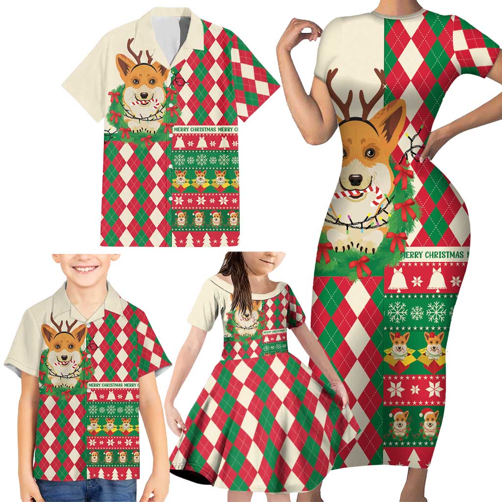 Wales Corgi Christmas Family Matching Short Sleeve Bodycon Dress and Hawaiian Shirt Seamless Cute Dog Argyle Pattern - Wonder Print Shop