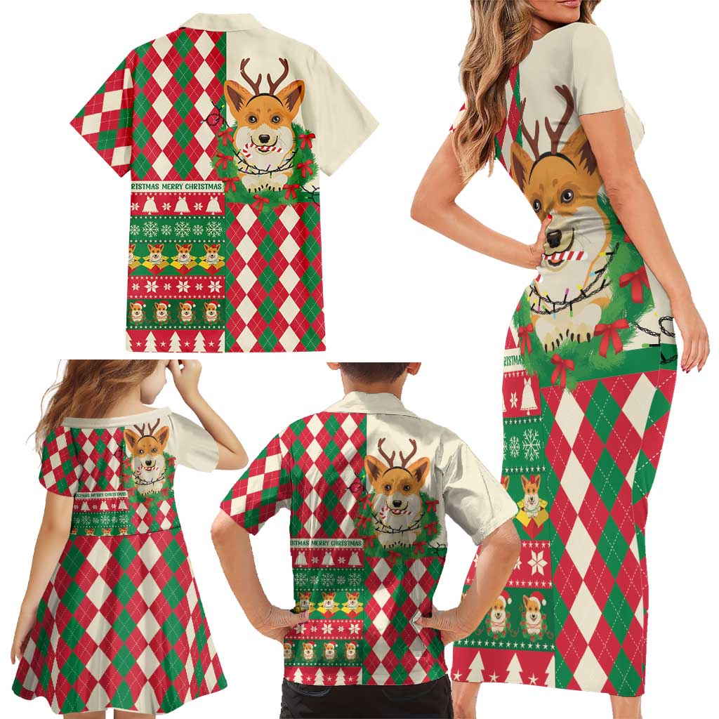 Wales Corgi Christmas Family Matching Short Sleeve Bodycon Dress and Hawaiian Shirt Seamless Cute Dog Argyle Pattern - Wonder Print Shop