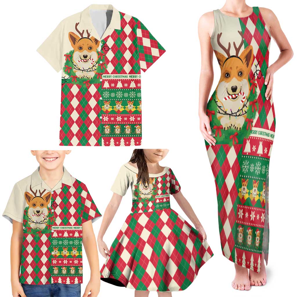Wales Corgi Christmas Family Matching Tank Maxi Dress and Hawaiian Shirt Seamless Cute Dog Argyle Pattern - Wonder Print Shop