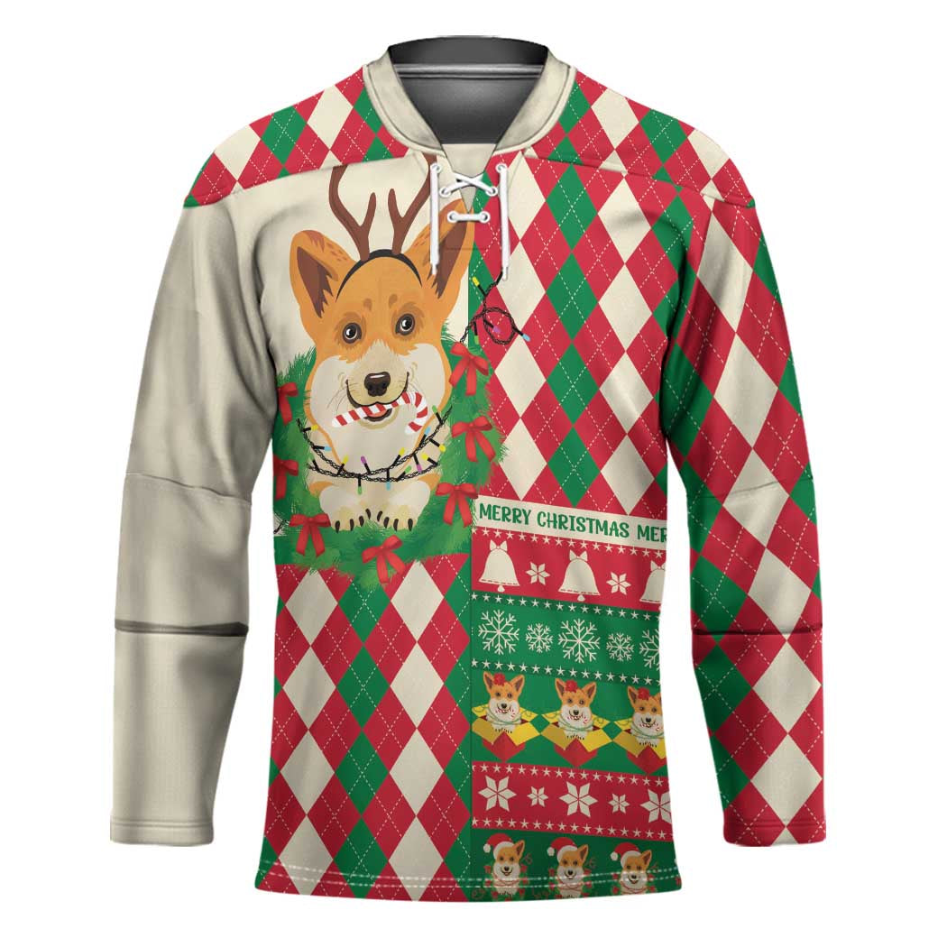 Wales Corgi Christmas Hockey Jersey Seamless Cute Dog Argyle Pattern - Wonder Print Shop