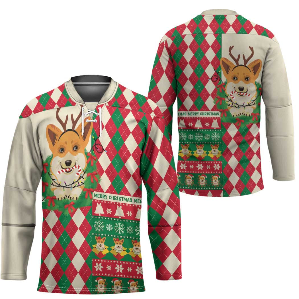 Wales Corgi Christmas Hockey Jersey Seamless Cute Dog Argyle Pattern - Wonder Print Shop