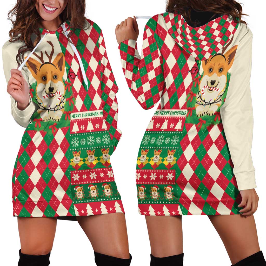 Wales Corgi Christmas Hoodie Dress Seamless Cute Dog Argyle Pattern - Wonder Print Shop