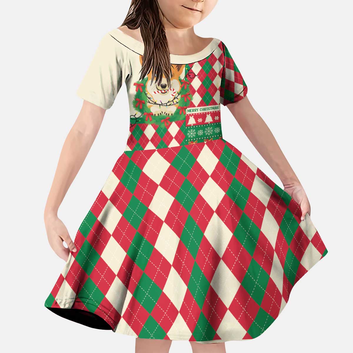 Wales Corgi Christmas Kid Short Sleeve Dress Seamless Cute Dog Argyle Pattern - Wonder Print Shop