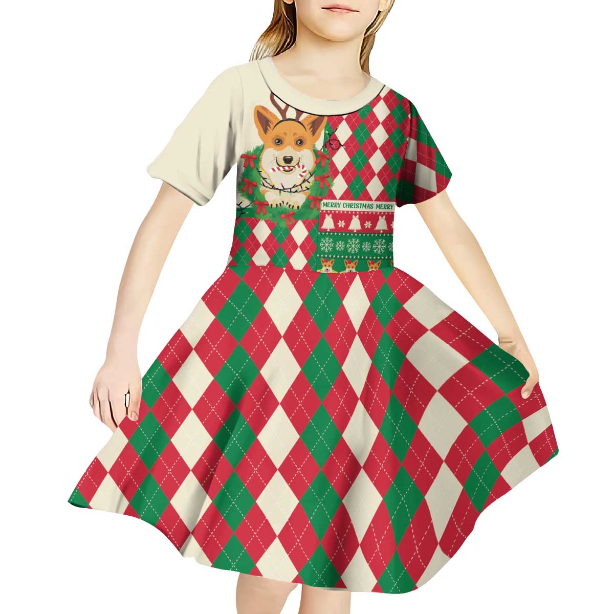 Wales Corgi Christmas Kid Short Sleeve Dress Seamless Cute Dog Argyle Pattern - Wonder Print Shop
