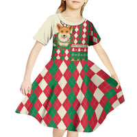Wales Corgi Christmas Kid Short Sleeve Dress Seamless Cute Dog Argyle Pattern - Wonder Print Shop
