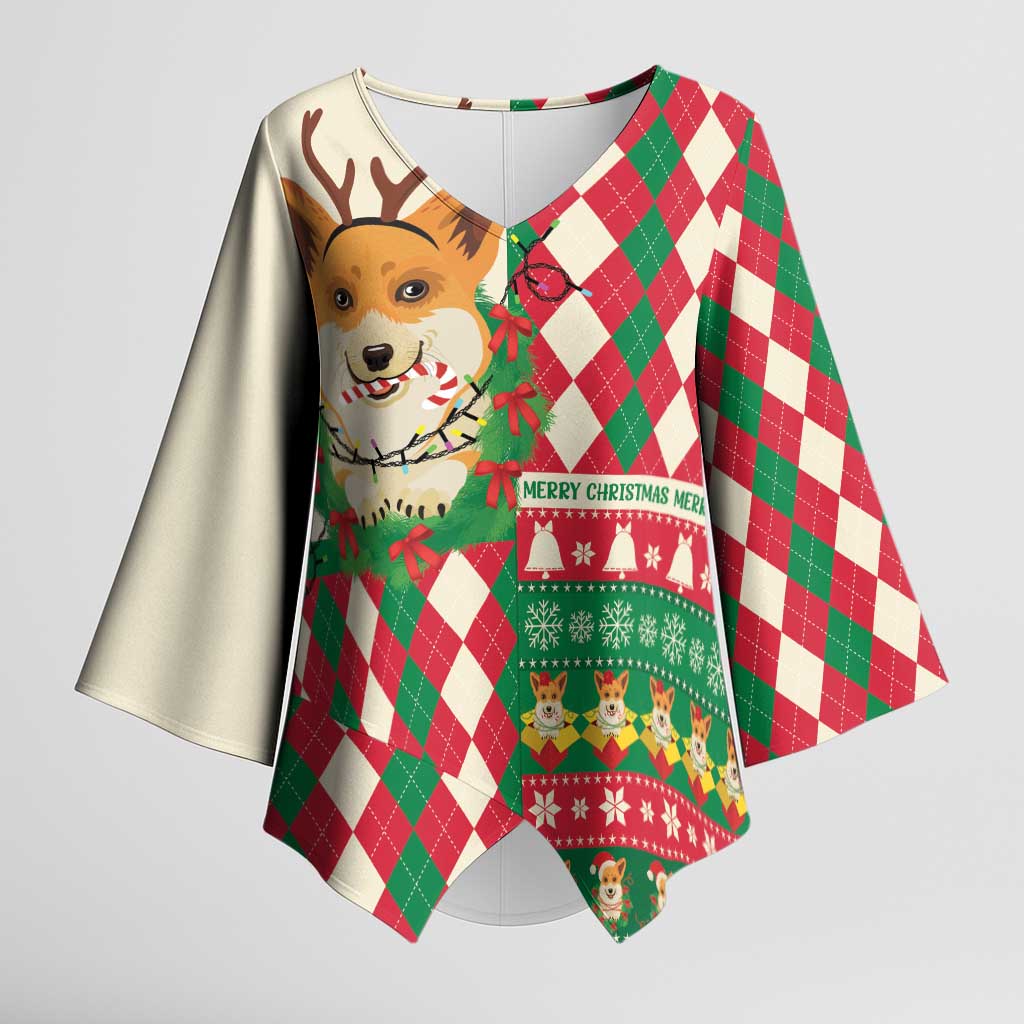 Wales Corgi Christmas Kimono Sleeve Blouse Seamless Cute Dog Argyle Pattern - Wonder Print Shop