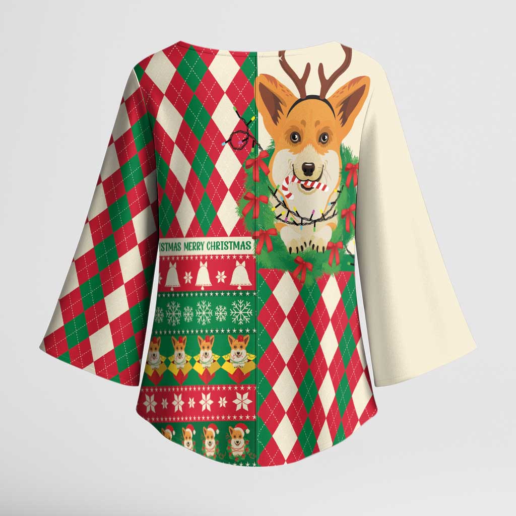 Wales Corgi Christmas Kimono Sleeve Blouse Seamless Cute Dog Argyle Pattern - Wonder Print Shop