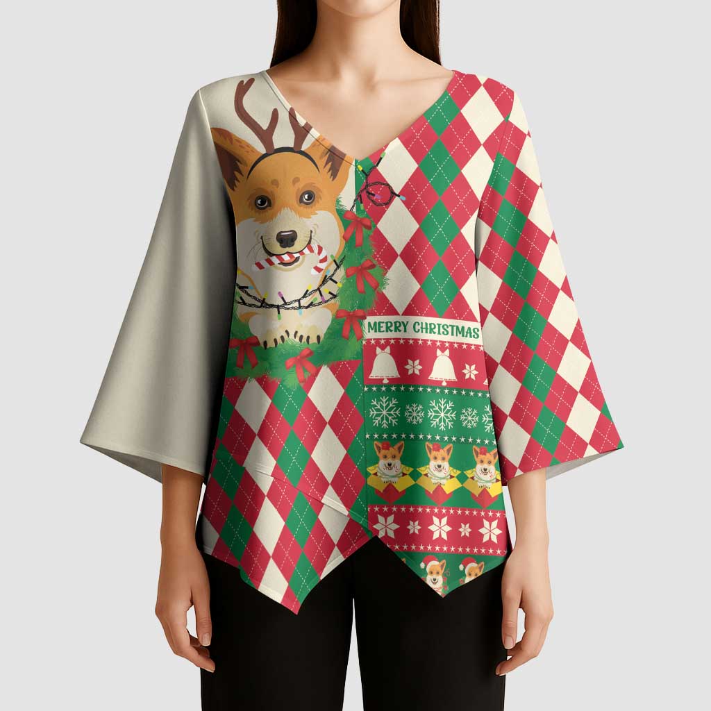 Wales Corgi Christmas Kimono Sleeve Blouse Seamless Cute Dog Argyle Pattern - Wonder Print Shop
