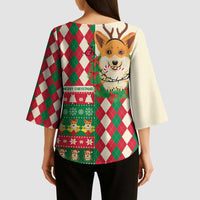 Wales Corgi Christmas Kimono Sleeve Blouse Seamless Cute Dog Argyle Pattern - Wonder Print Shop