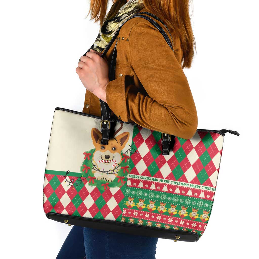 Wales Corgi Christmas Leather Tote Bag Seamless Cute Dog Argyle Pattern - Wonder Print Shop