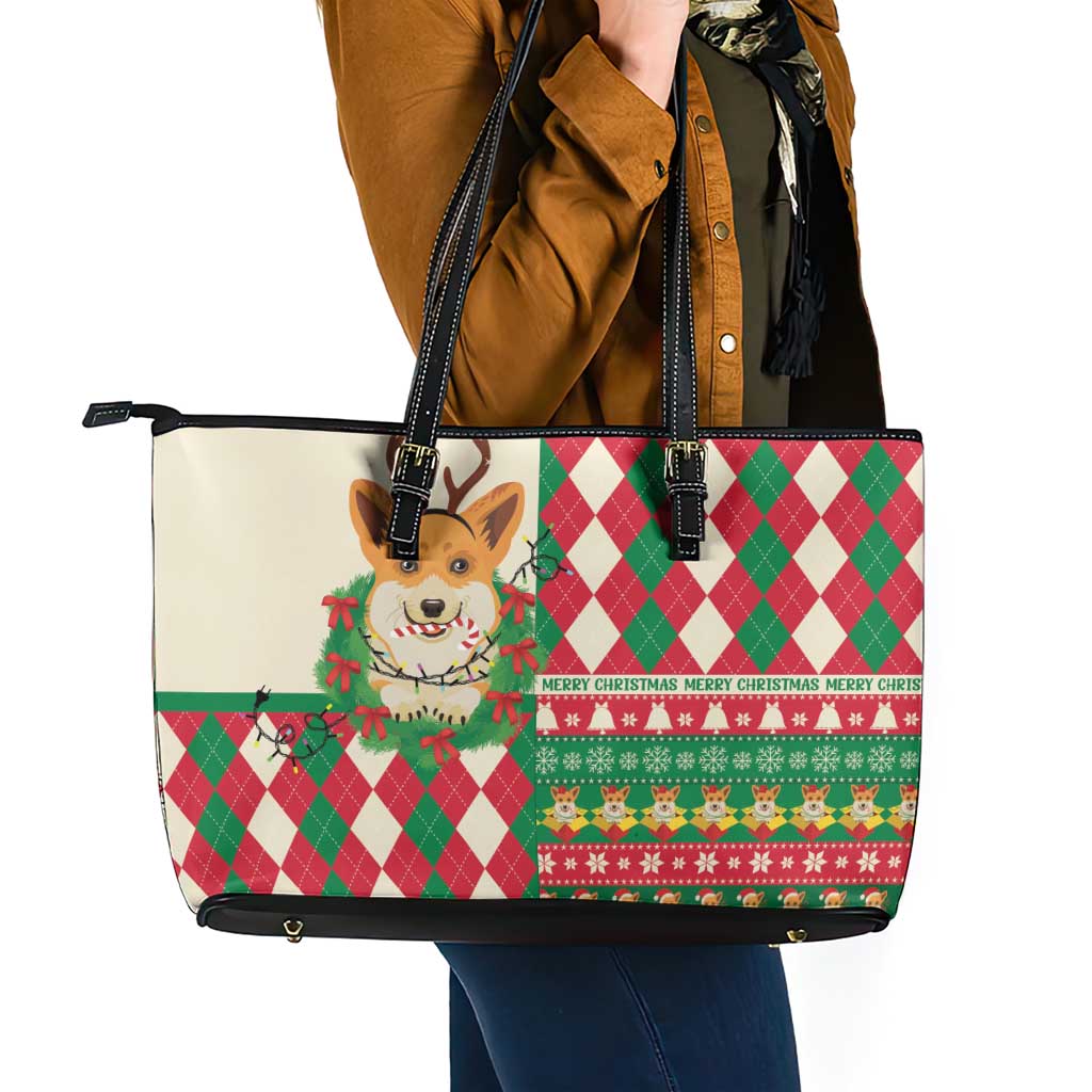 Wales Corgi Christmas Leather Tote Bag Seamless Cute Dog Argyle Pattern - Wonder Print Shop