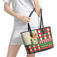 Wales Corgi Christmas Leather Tote Bag Seamless Cute Dog Argyle Pattern - Wonder Print Shop