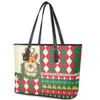 Wales Corgi Christmas Leather Tote Bag Seamless Cute Dog Argyle Pattern - Wonder Print Shop