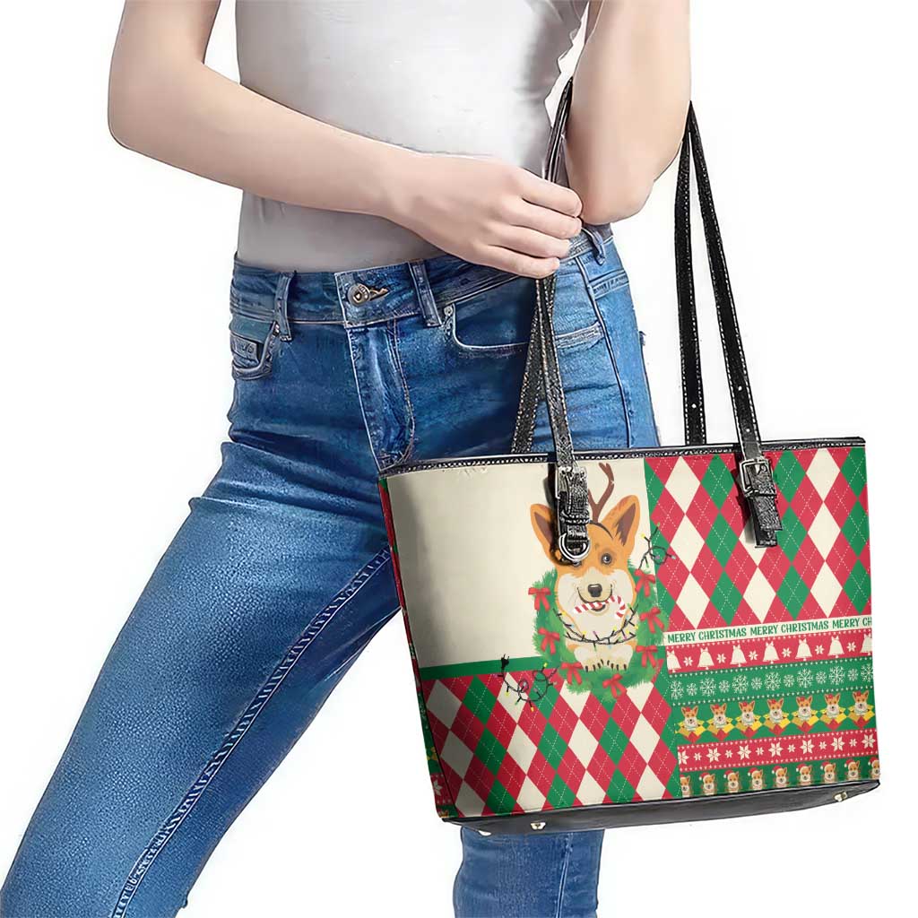 Wales Corgi Christmas Leather Tote Bag Seamless Cute Dog Argyle Pattern - Wonder Print Shop