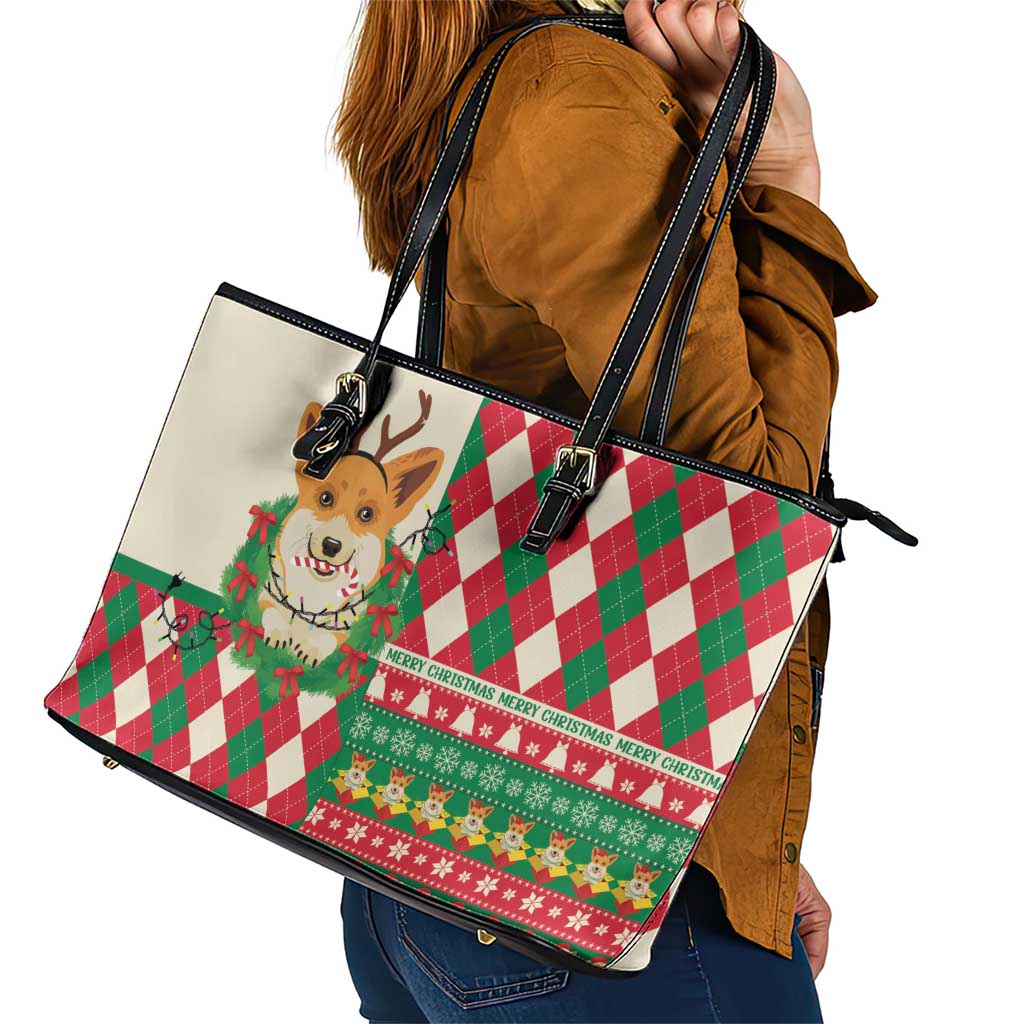 Wales Corgi Christmas Leather Tote Bag Seamless Cute Dog Argyle Pattern - Wonder Print Shop