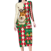 Wales Corgi Christmas Long Sleeve Bodycon Dress Seamless Cute Dog Argyle Pattern - Wonder Print Shop