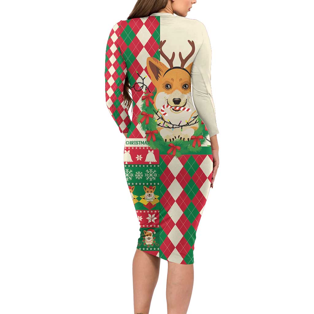 Wales Corgi Christmas Long Sleeve Bodycon Dress Seamless Cute Dog Argyle Pattern - Wonder Print Shop