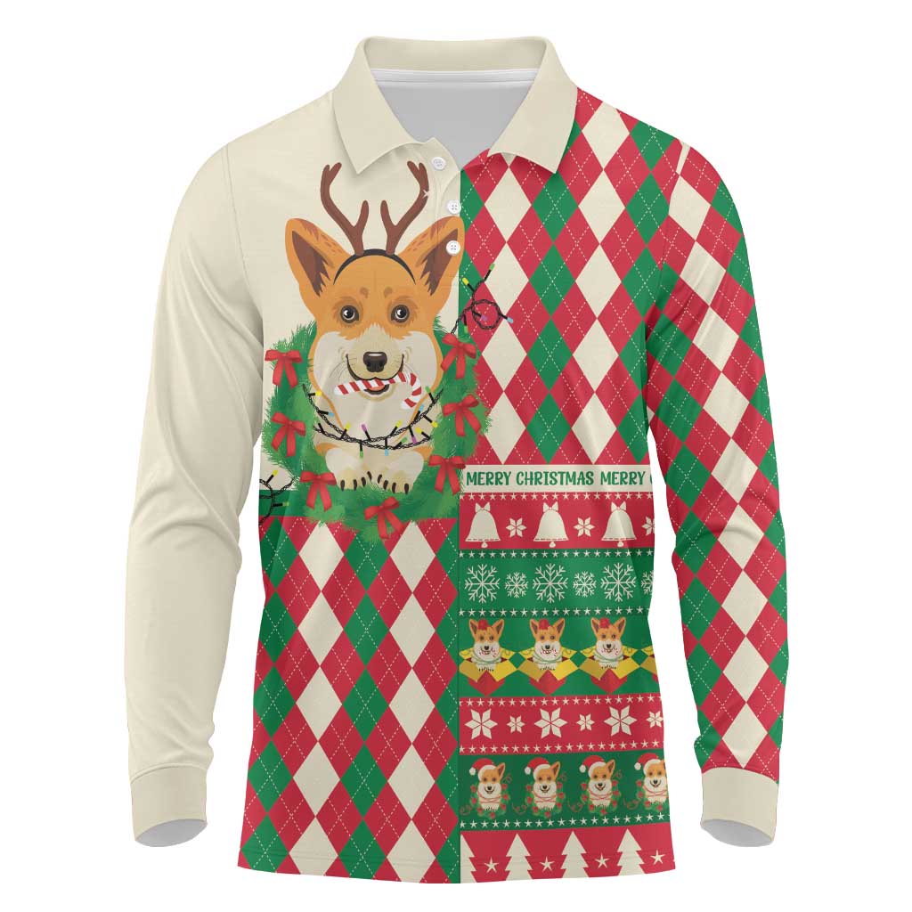 Wales Corgi Christmas Long Sleeve Polo Shirt Seamless Cute Dog Argyle Pattern - Wonder Print Shop