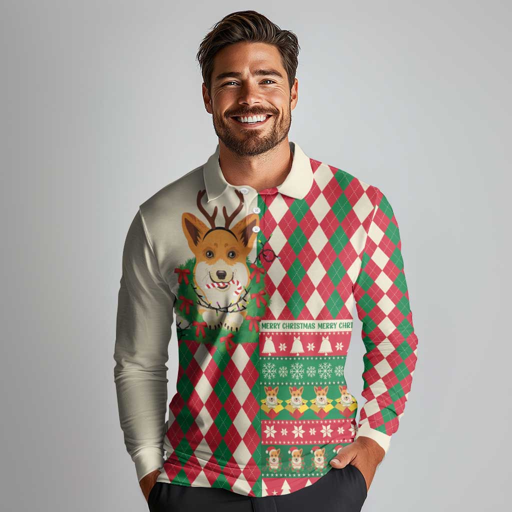 Wales Corgi Christmas Long Sleeve Polo Shirt Seamless Cute Dog Argyle Pattern - Wonder Print Shop