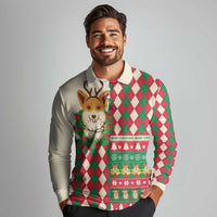 Wales Corgi Christmas Long Sleeve Polo Shirt Seamless Cute Dog Argyle Pattern - Wonder Print Shop