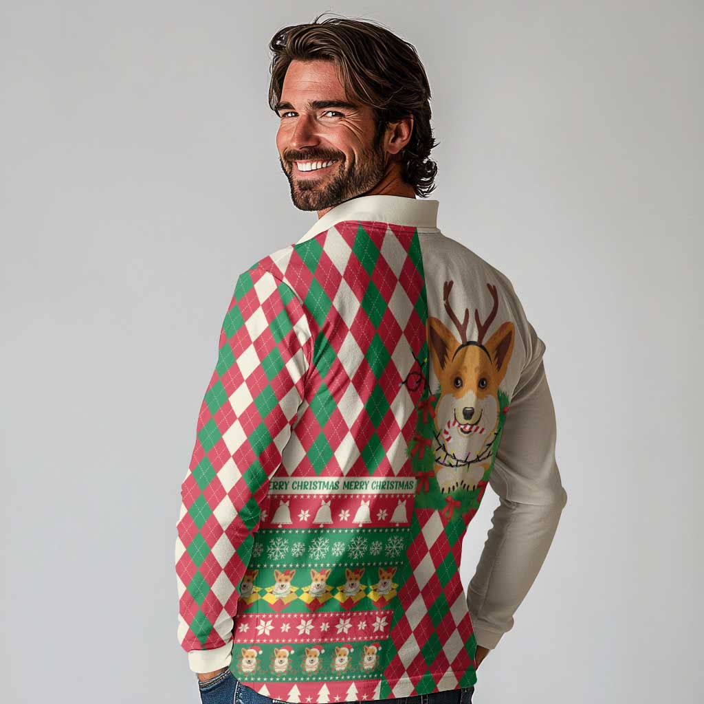 Wales Corgi Christmas Long Sleeve Polo Shirt Seamless Cute Dog Argyle Pattern - Wonder Print Shop