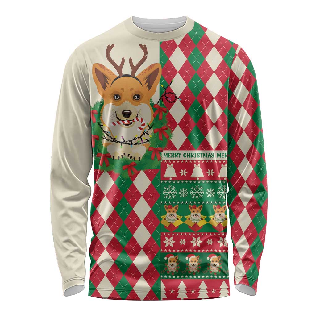 Wales Corgi Christmas Long Sleeve Shirt Seamless Cute Dog Argyle Pattern - Wonder Print Shop