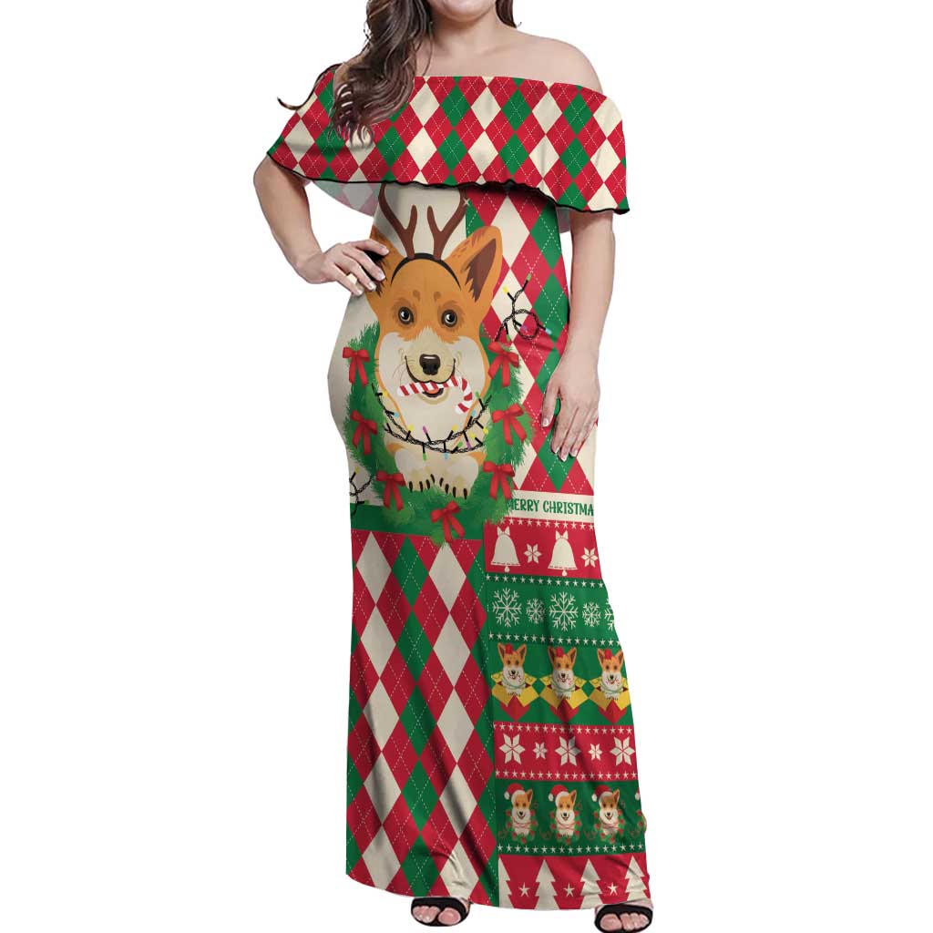 Wales Corgi Christmas Off Shoulder Maxi Dress Seamless Cute Dog Argyle Pattern - Wonder Print Shop