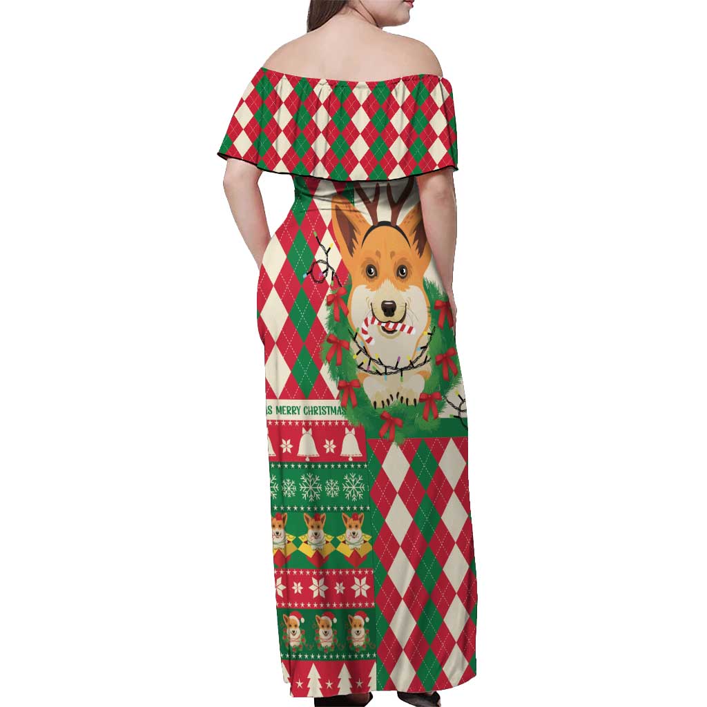 Wales Corgi Christmas Off Shoulder Maxi Dress Seamless Cute Dog Argyle Pattern - Wonder Print Shop