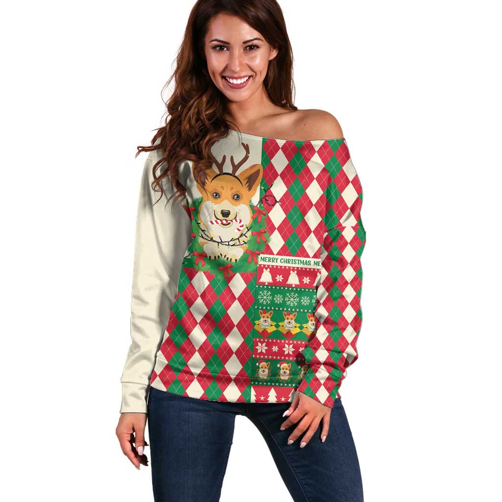 Wales Corgi Christmas Off Shoulder Sweater Seamless Cute Dog Argyle Pattern - Wonder Print Shop