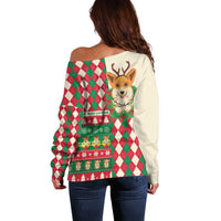 Wales Corgi Christmas Off Shoulder Sweater Seamless Cute Dog Argyle Pattern - Wonder Print Shop