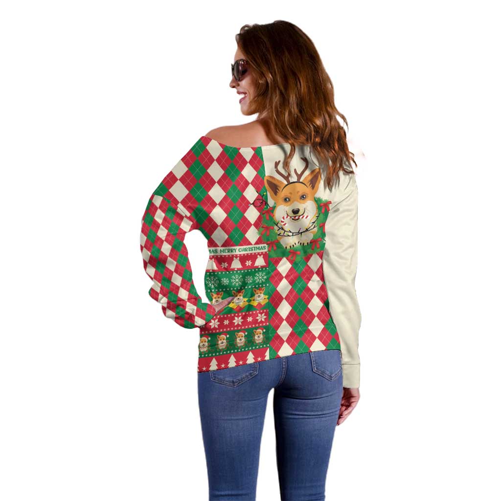 Wales Corgi Christmas Off Shoulder Sweater Seamless Cute Dog Argyle Pattern - Wonder Print Shop