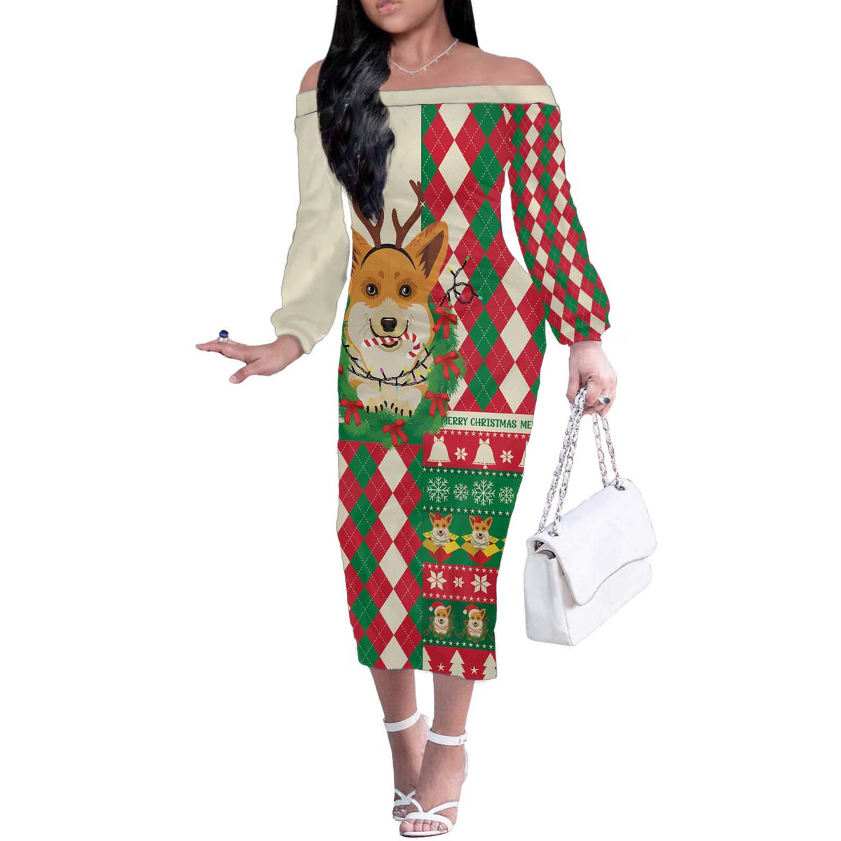 Wales Corgi Christmas Off The Shoulder Long Sleeve Dress Seamless Cute Dog Argyle Pattern - Wonder Print Shop