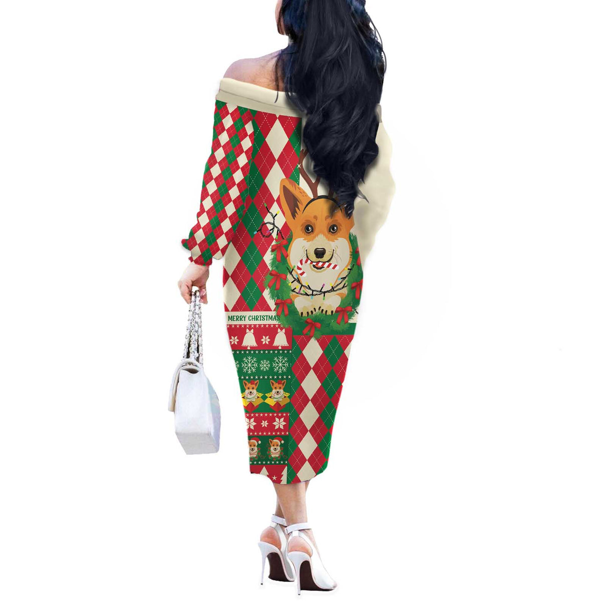 Wales Corgi Christmas Off The Shoulder Long Sleeve Dress Seamless Cute Dog Argyle Pattern - Wonder Print Shop