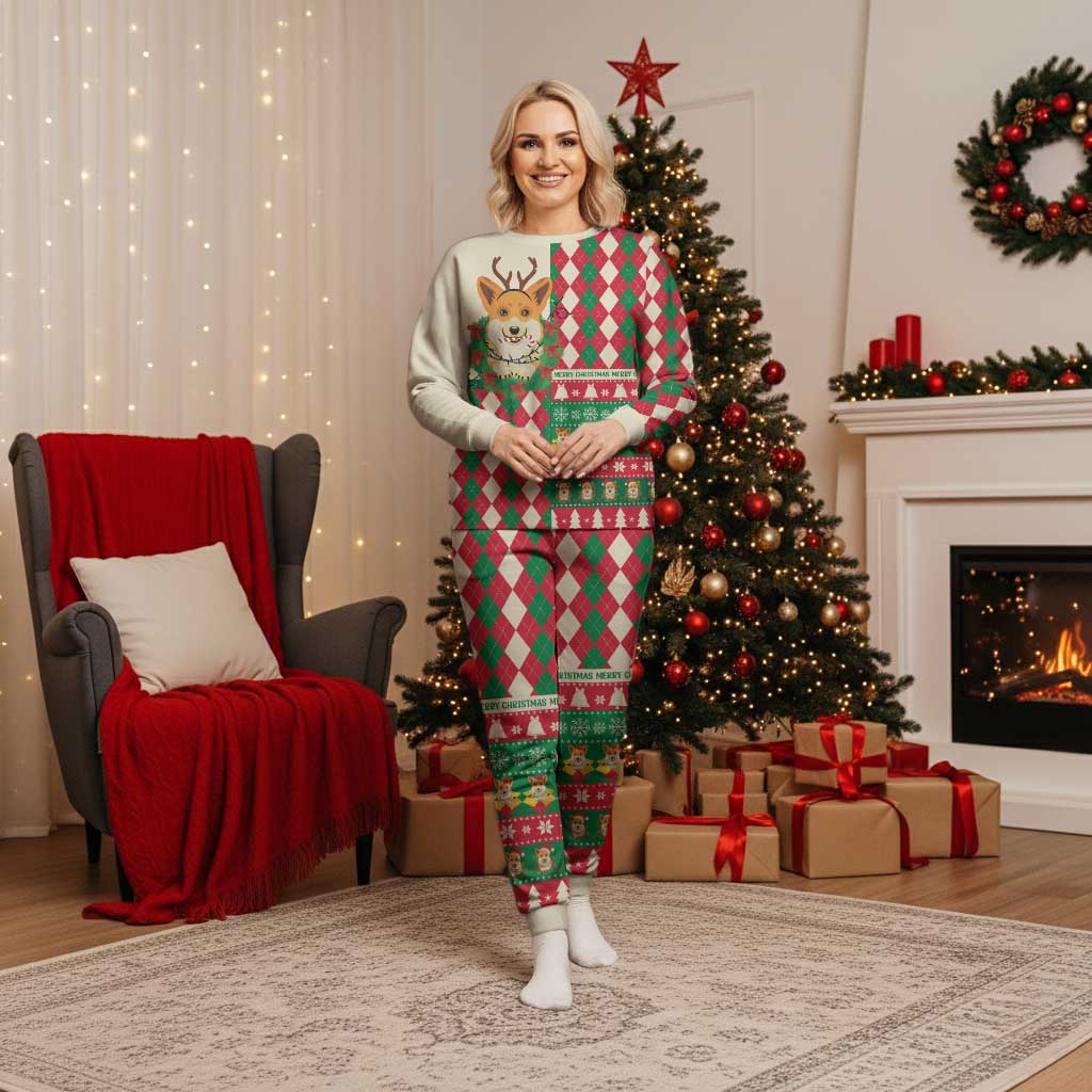 Wales Corgi Christmas Pajama Set Seamless Cute Dog Argyle Pattern - Wonder Print Shop