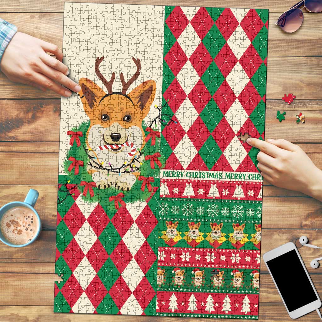 Wales Corgi Christmas Puzzle Seamless Cute Dog Argyle Pattern - Wonder Print Shop