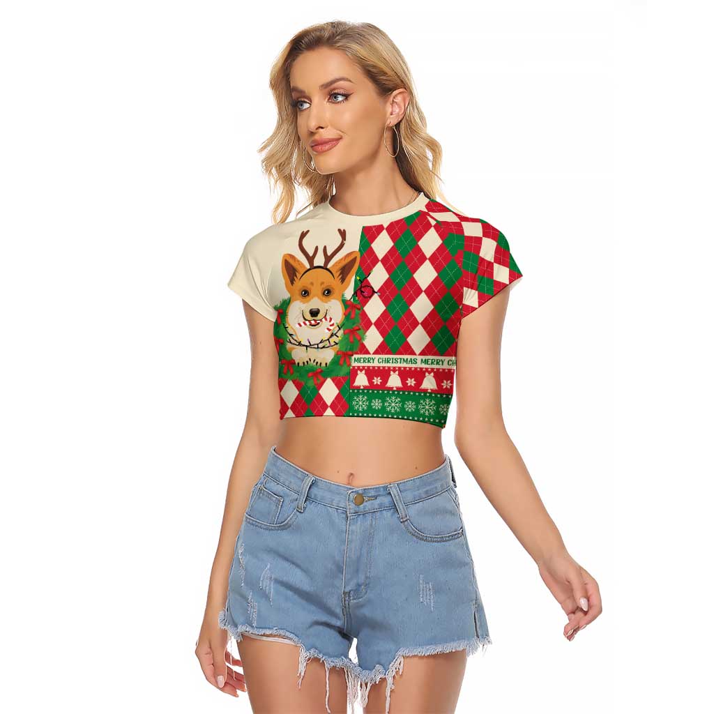 Wales Corgi Christmas Raglan Cropped T Shirt Seamless Cute Dog Argyle Pattern - Wonder Print Shop