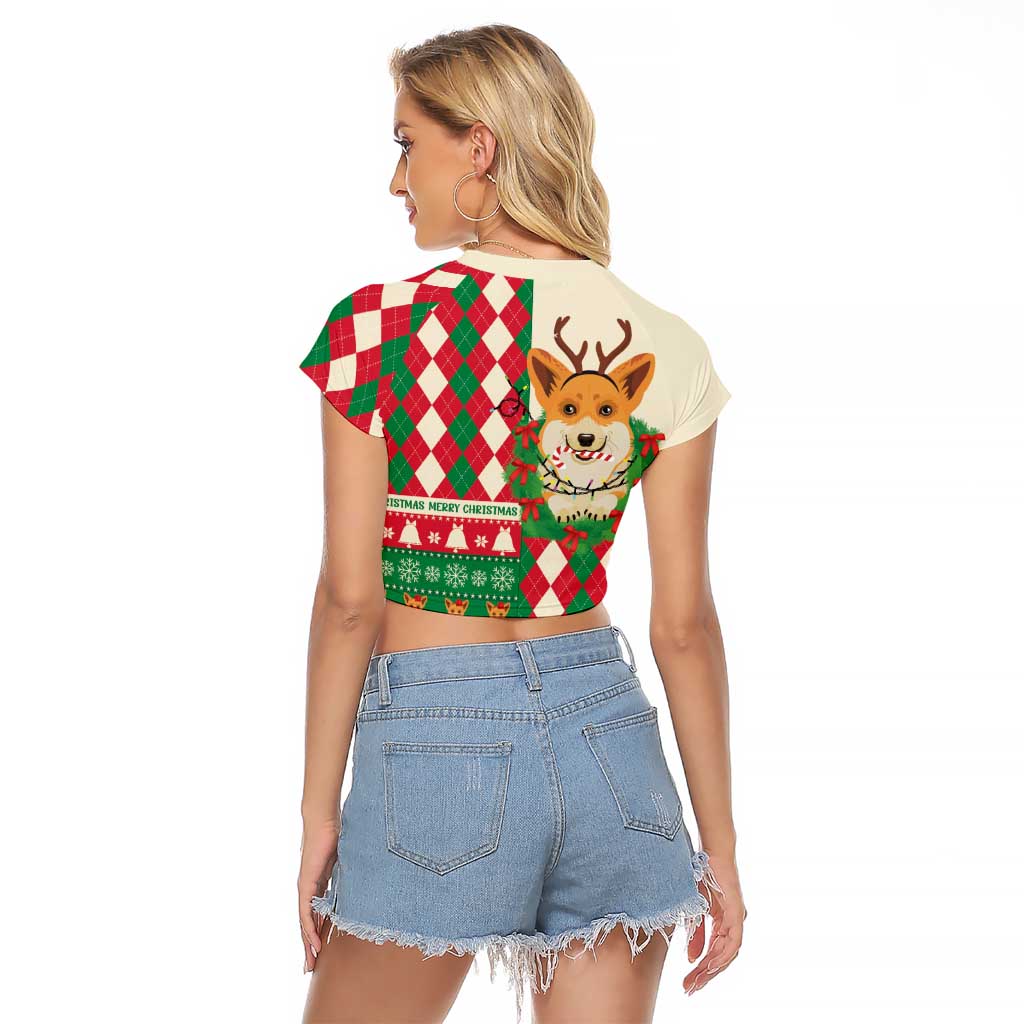 Wales Corgi Christmas Raglan Cropped T Shirt Seamless Cute Dog Argyle Pattern - Wonder Print Shop