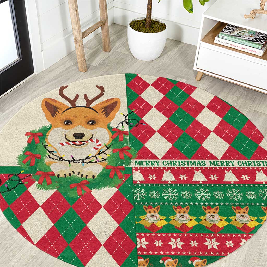Wales Corgi Christmas Round Carpet Seamless Cute Dog Argyle Pattern - Wonder Print Shop