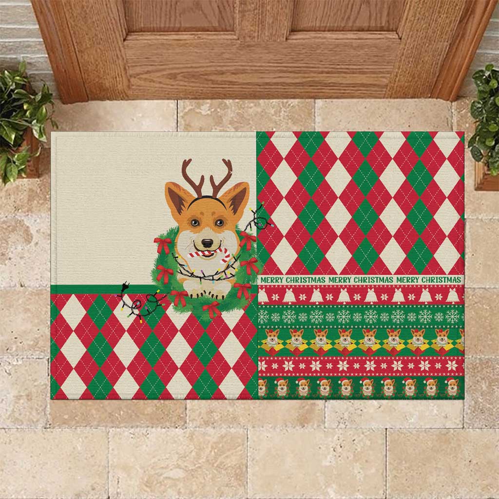Wales Corgi Christmas Rubber Doormat Seamless Cute Dog Argyle Pattern - Wonder Print Shop