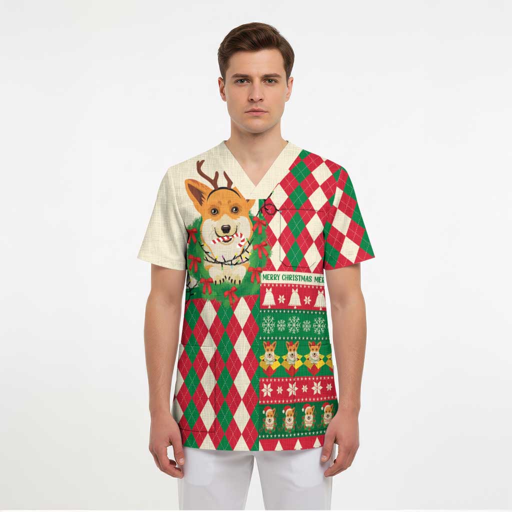 Wales Corgi Christmas Scrub Top Seamless Cute Dog Argyle Pattern - Wonder Print Shop